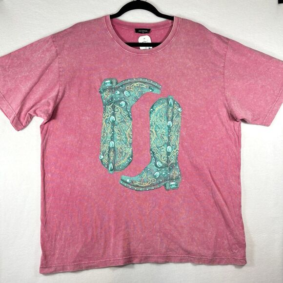 Zutter T Shirt Pink With Blue 3D Puff Boots Graphic Western Top - Picture 1 of 7